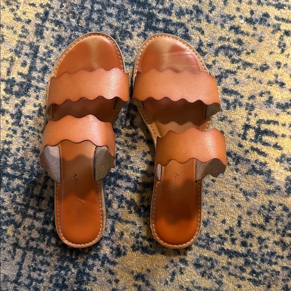 Rock & Candy Tan Scalloped Leather Slide Sandals